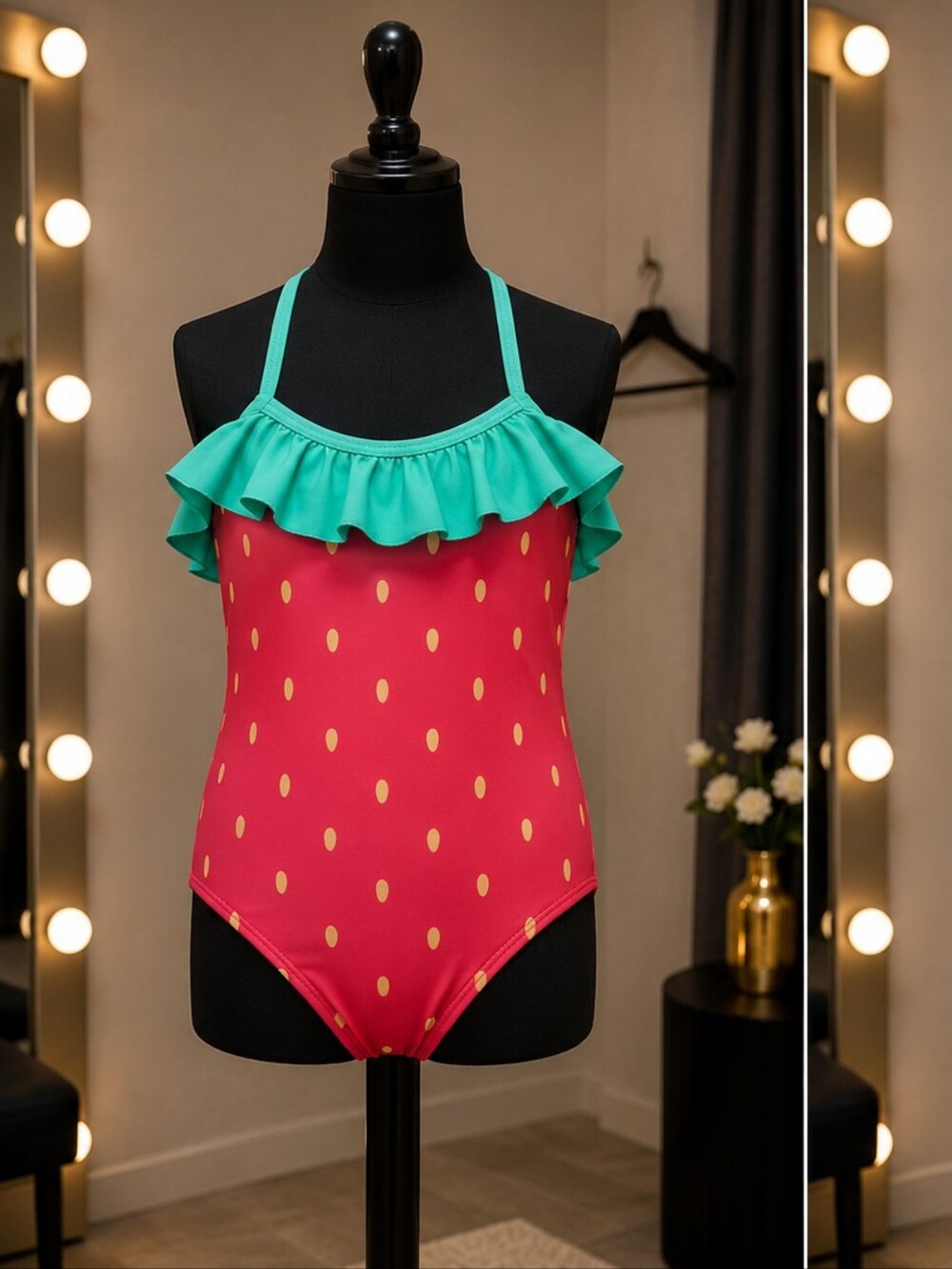 Old Navy Red Strawberry-Print One-Piece with Teal Ruffle